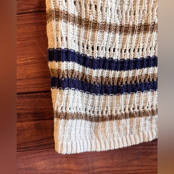 Freshman Womens Striped Crochet Knit Midi Dress White Navy Tan V-Neck Large - Picture 5 of 9